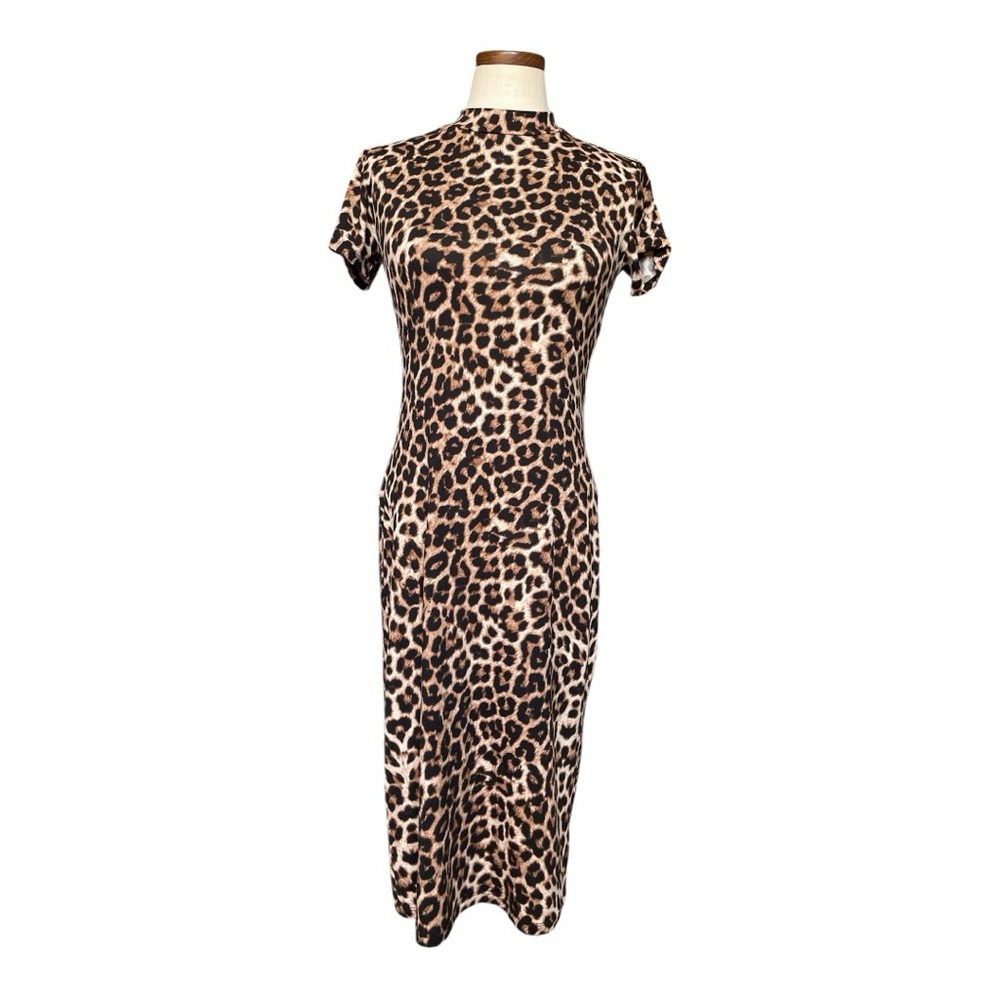 •Popular21 Leopard Print Short Sleeve Split Bodycon Long Dress